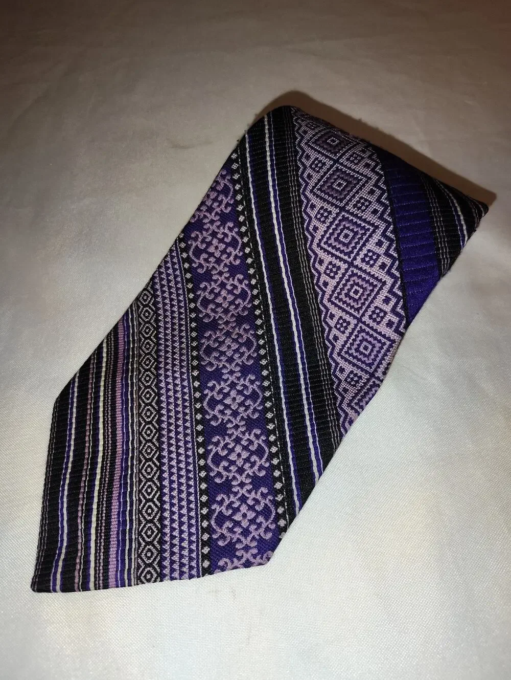 Vintage 1970s Polyester Latimer Purple Black Lavender Geometric Stripe Necktie